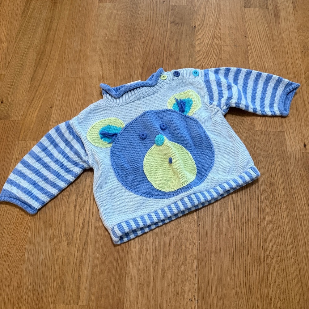 Hanna Andersson 60cm 3-6 MONTHS Blue Bear Stripe Sleeve Knit Sweater 100% Cotton